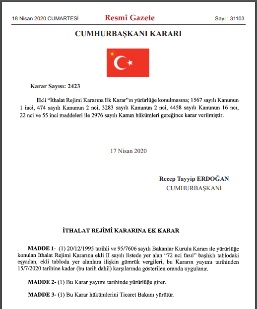 Cumhurbaşkanlığı karar sayısı 2423 ithalat rejimi ek kararı